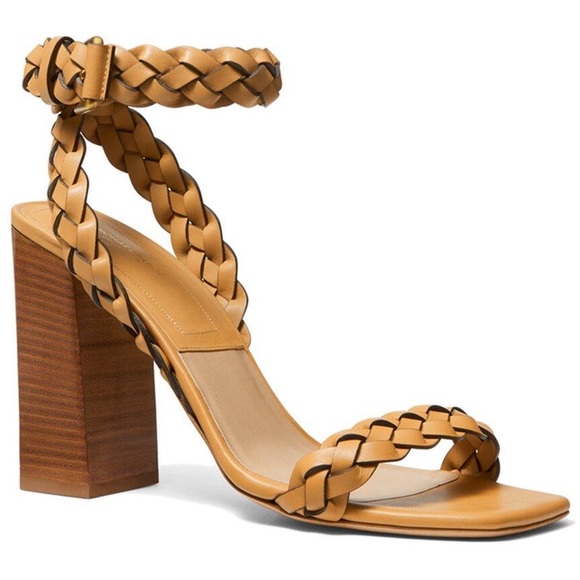 Michael Kors Collection - Pippa | Brown Leather Braided Heeled Sandal Block Heel - Picture 2 of 6